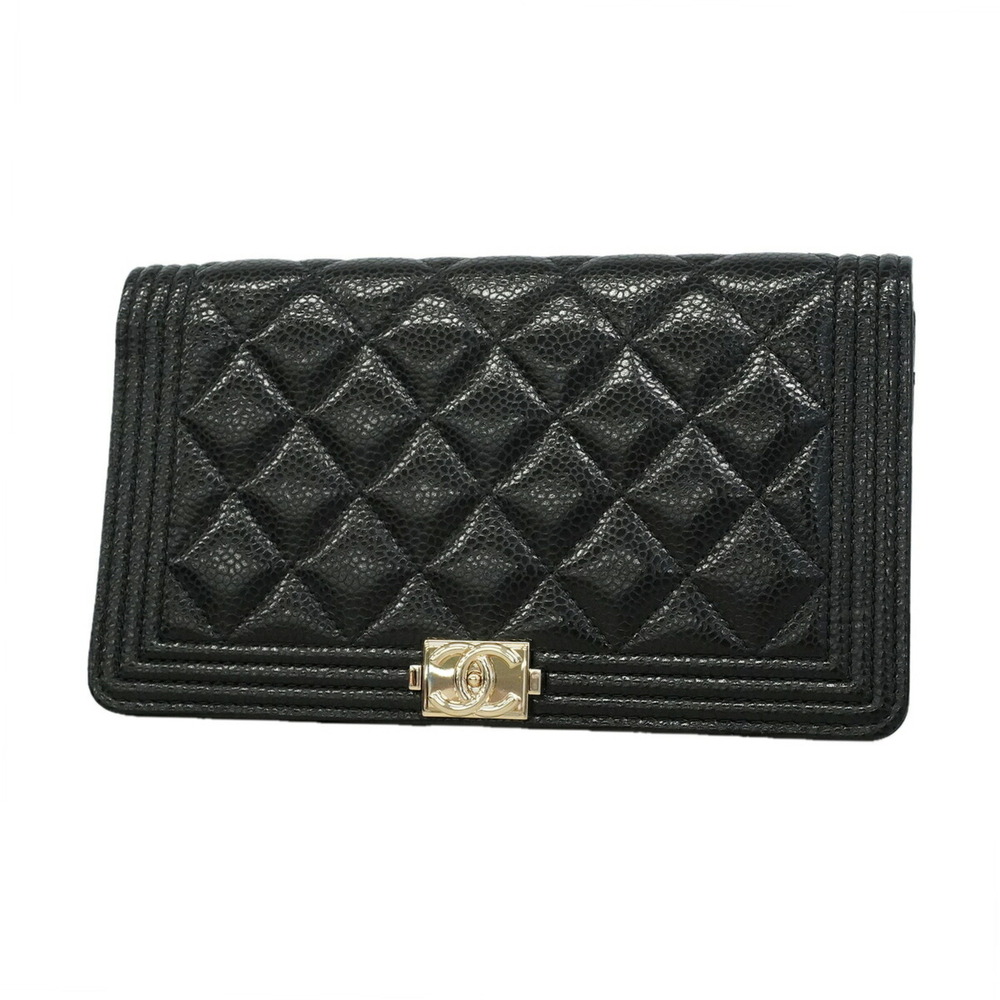 Chanel Boy Long Wallet, Caviar Leather, Black, Women's, P3485585